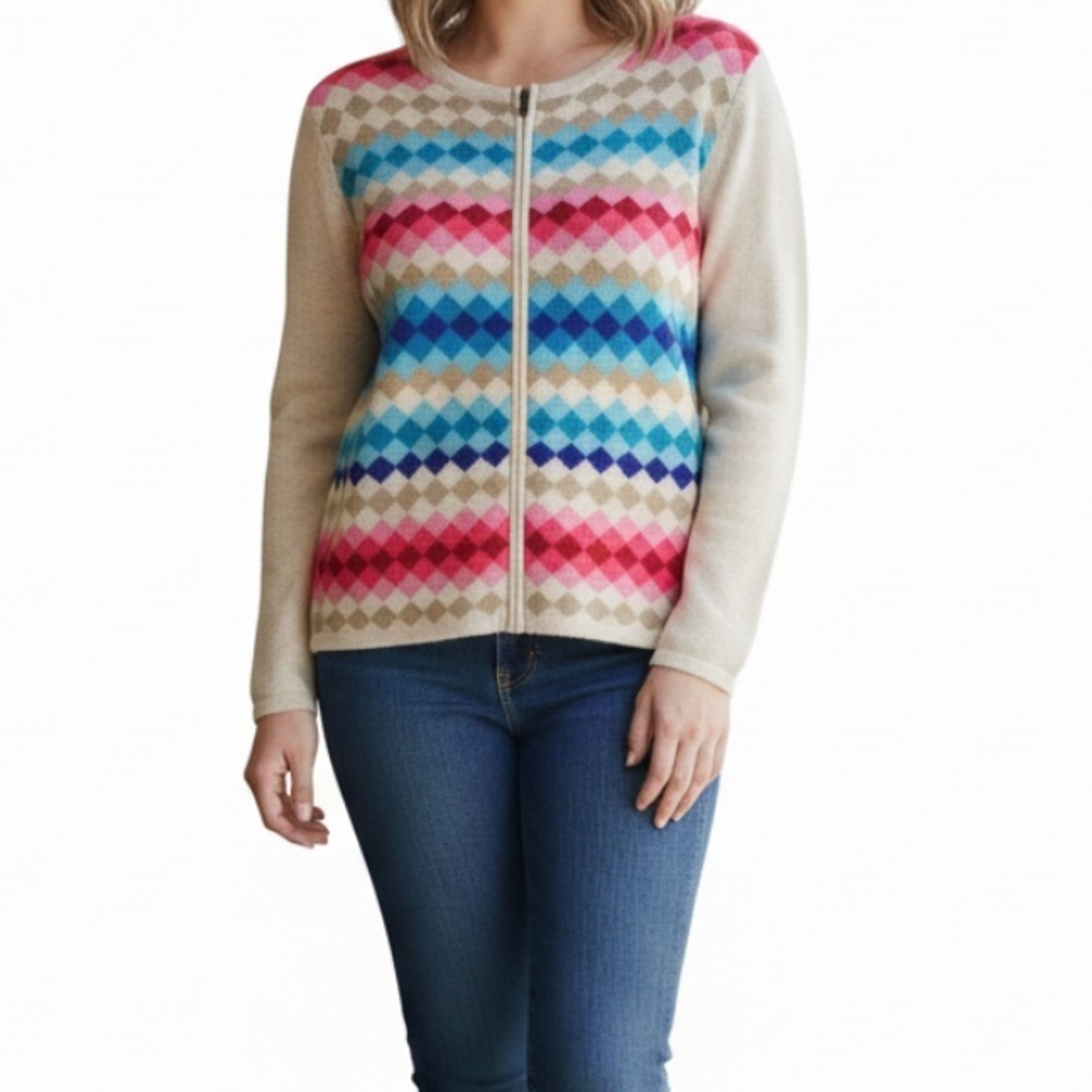 Talbots Argyle Full Zip Jacket Cardigan Womens XL Tan Pink Blue Diamond Sweater - Picture 2 of 8